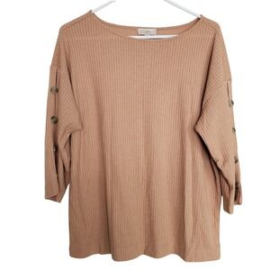 Loft Tan Ribbed 3/4 Slit Sleeve w/ Buttons Boat Neck Top‎ Stretch Lightweight M